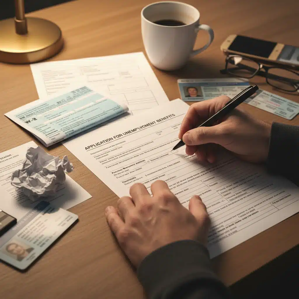 Hands filling out unemployment benefits application form.