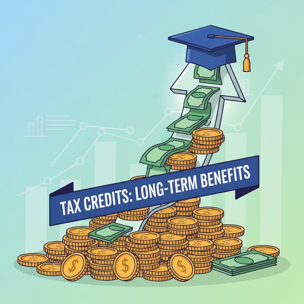 Financial growth and educational investment with coins, bills, and a graduation cap.