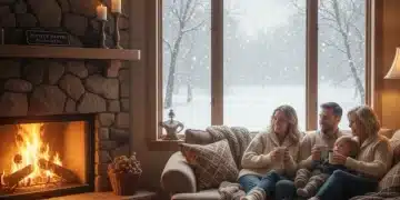 Family enjoying a warm home in winter with snow outside, representing LIHEAP energy aid