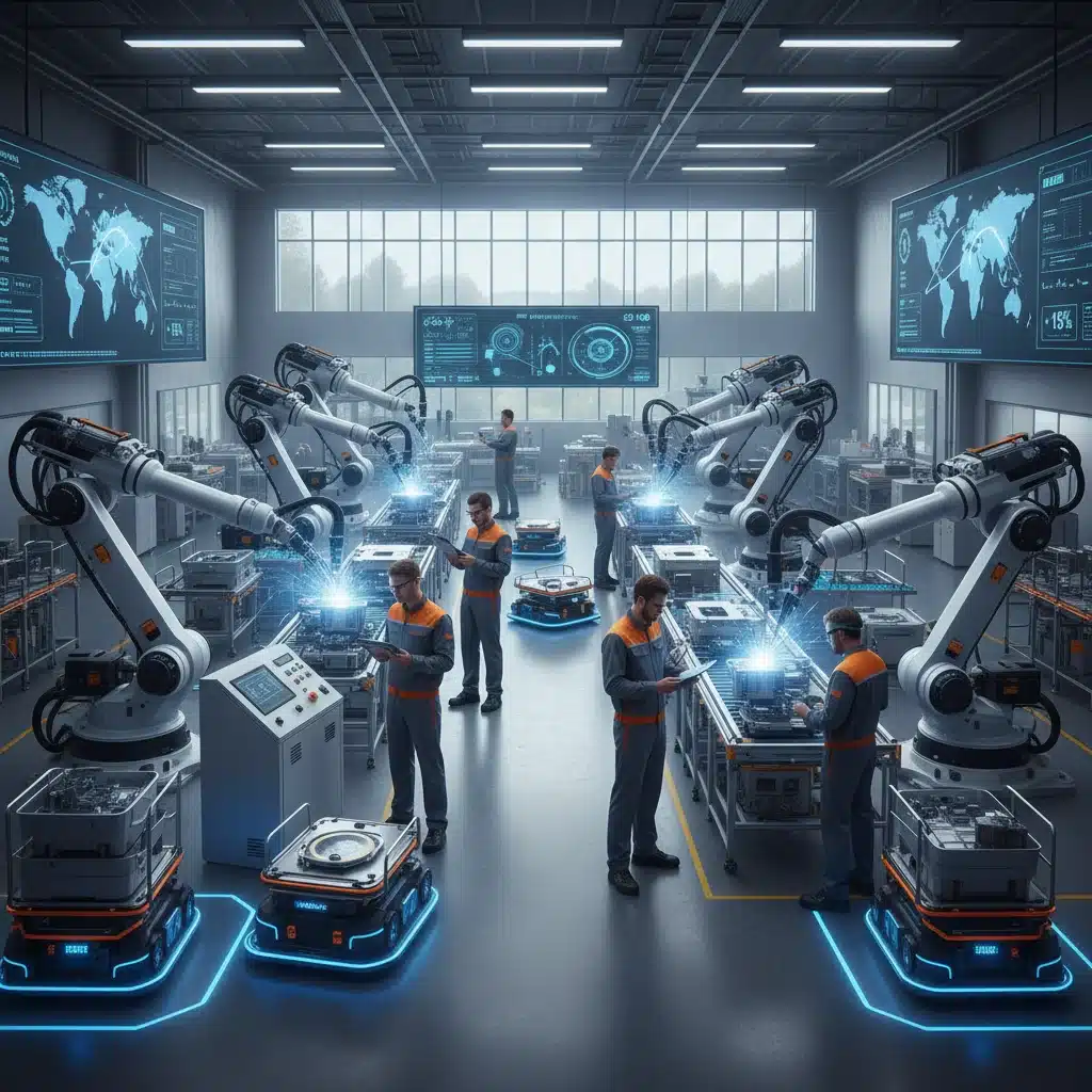 Modern factory with robotics, illustrating manufacturing adaptation to trade.