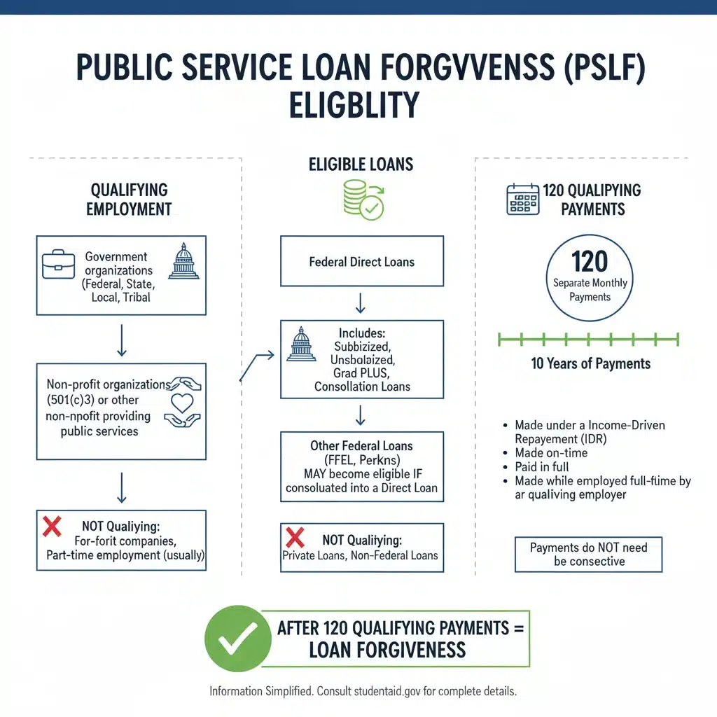 Infographic detailing PSLF eligibility requirements and qualifying payments.