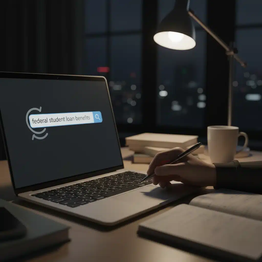 Student researching federal student loan benefits on a laptop