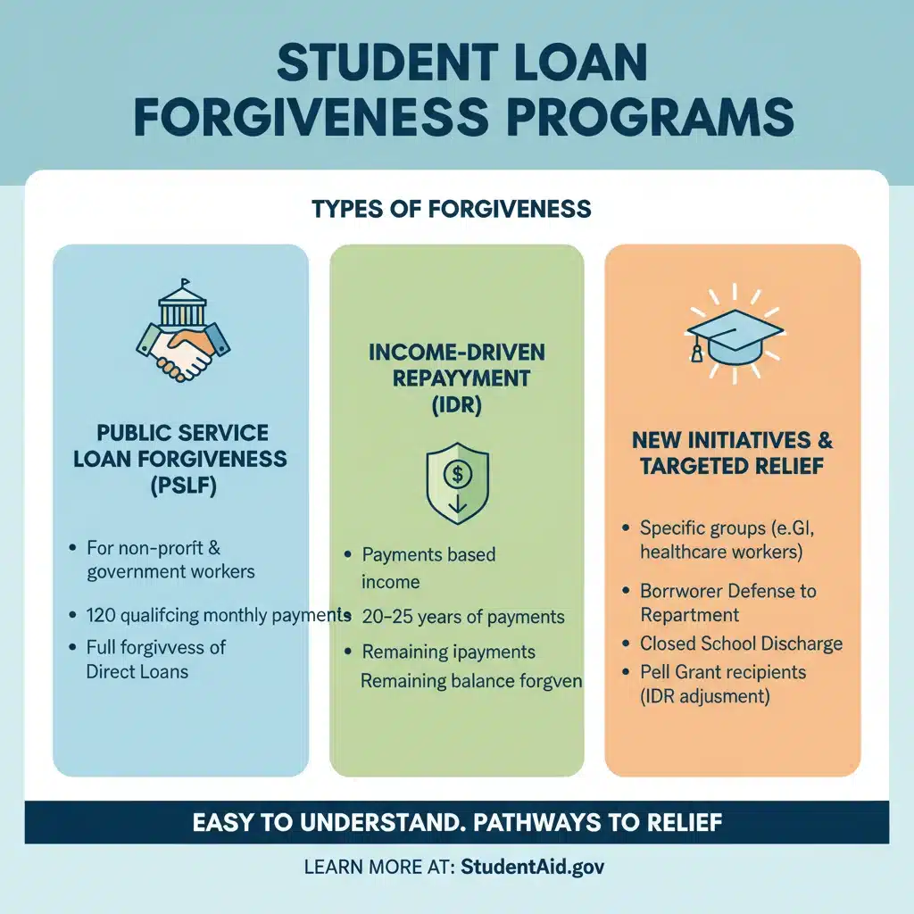 Infographic detailing various student loan forgiveness programs and their criteria.