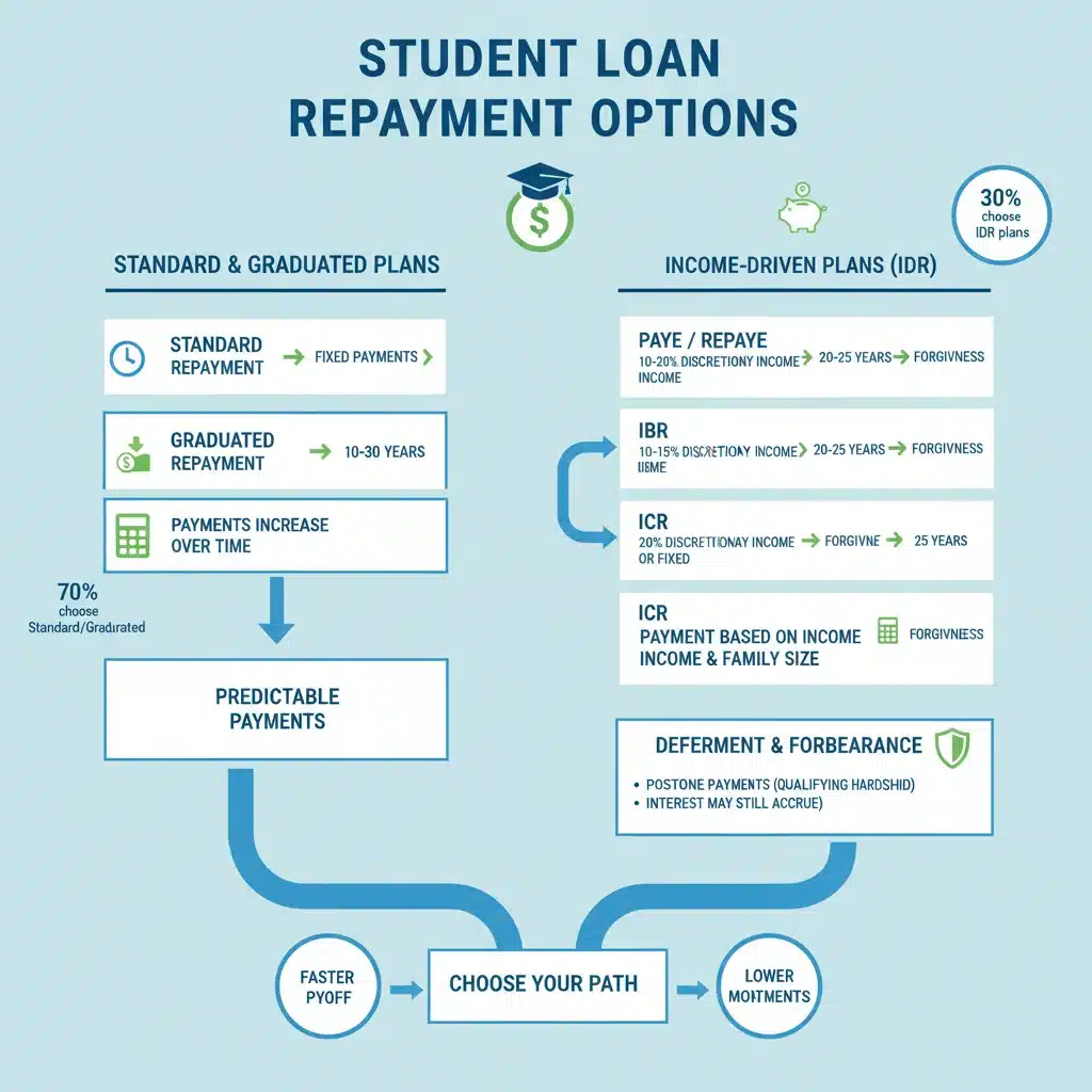 Infographic displaying various student loan repayment options and strategies