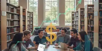 Students learning and collaborating with financial symbols indicating tax savings.