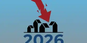 Stylized graphic showing a downward trend in housing sales for 2026, with houses and a magnifying glass.