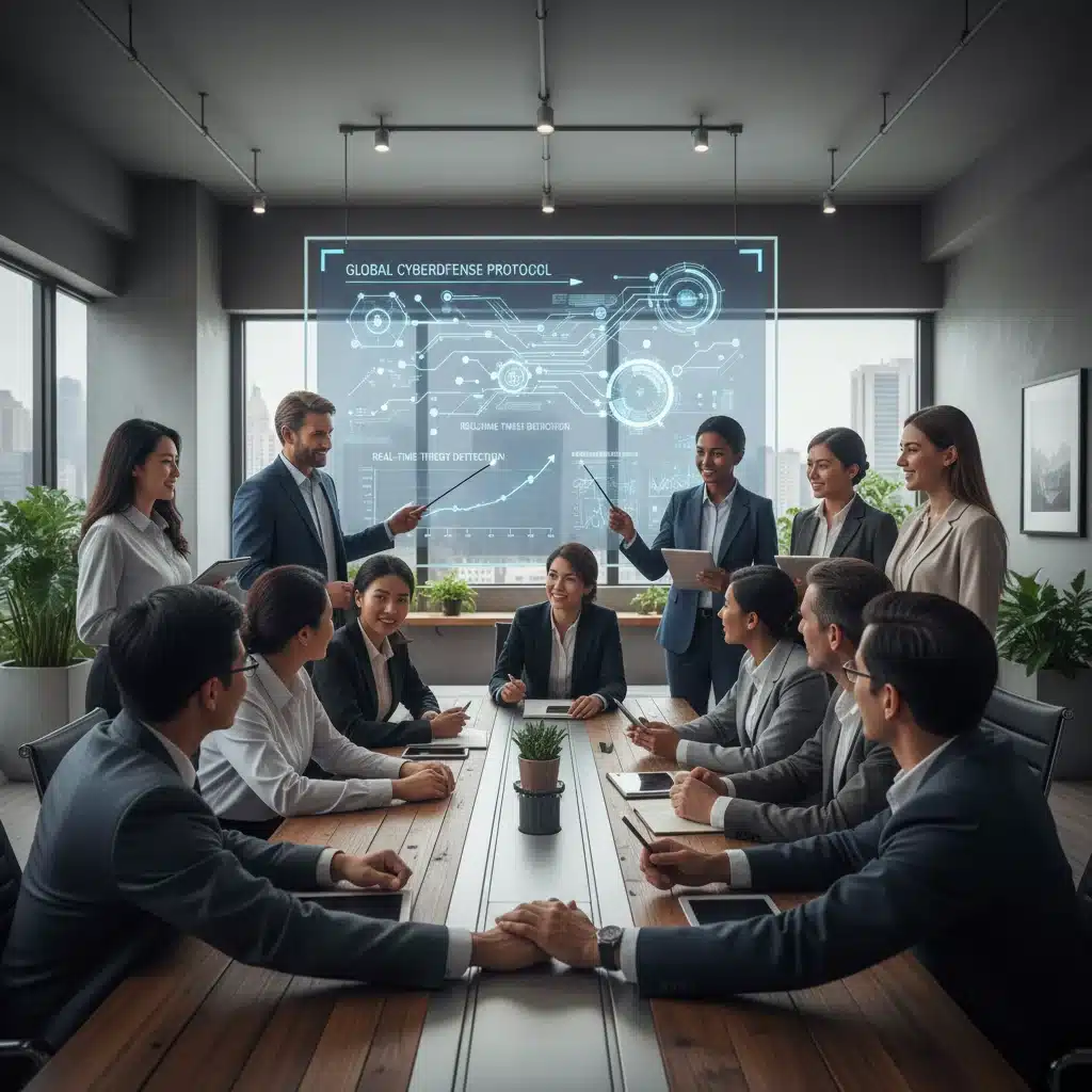 Business team collaborating on cybersecurity implementation strategy