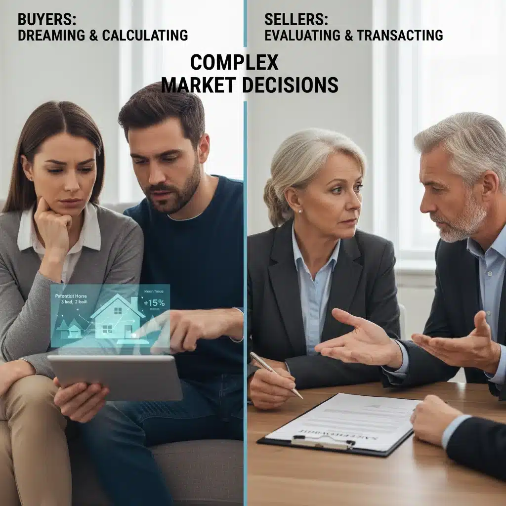 Prospective homebuyers and sellers contemplating real estate decisions in a complex market.