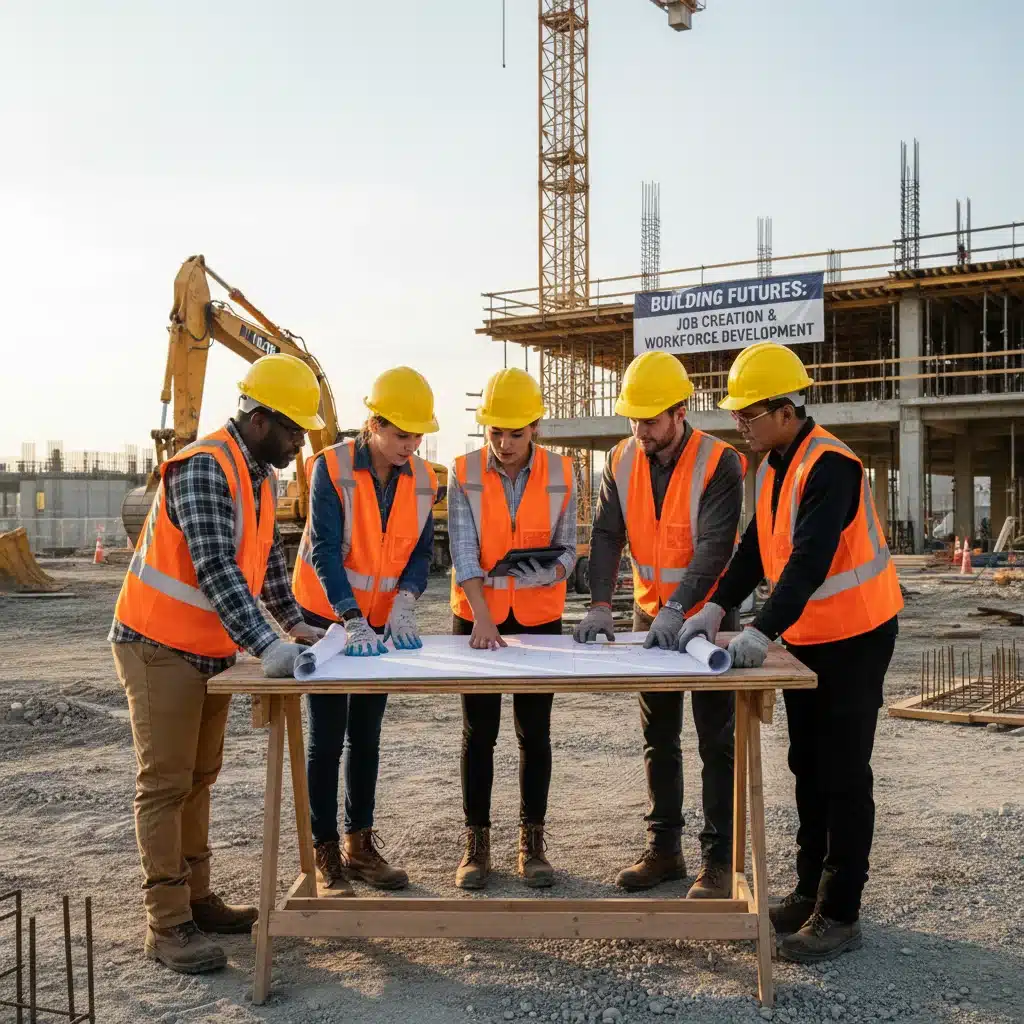 Diverse construction workers reviewing blueprints on a site, symbolizing job creation.