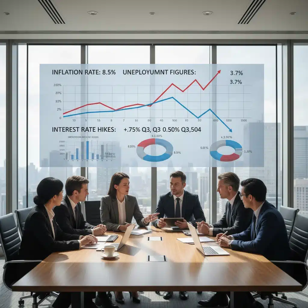 Financial experts analyzing economic indicators for Federal Reserve policy.