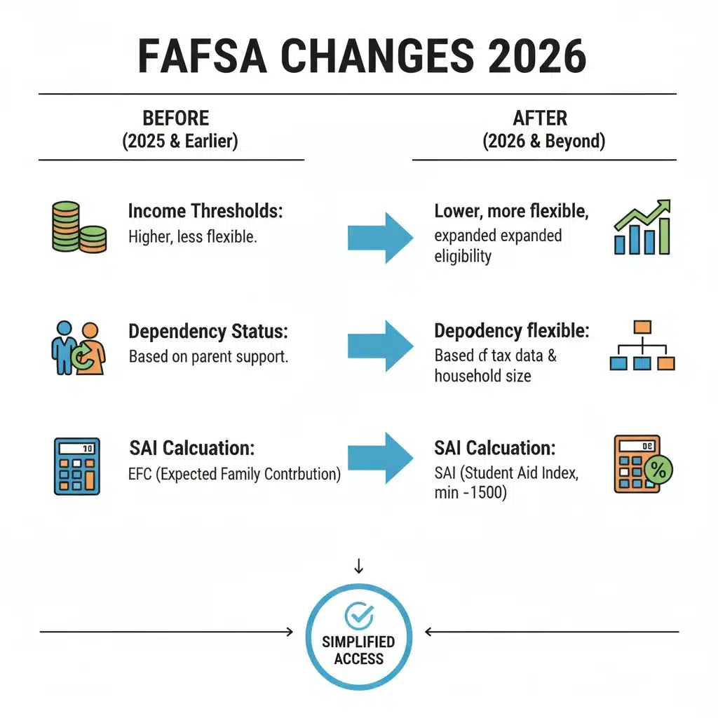 Infographic detailing FAFSA changes and Student Aid Index (SAI) for 2026 Pell Grant eligibility