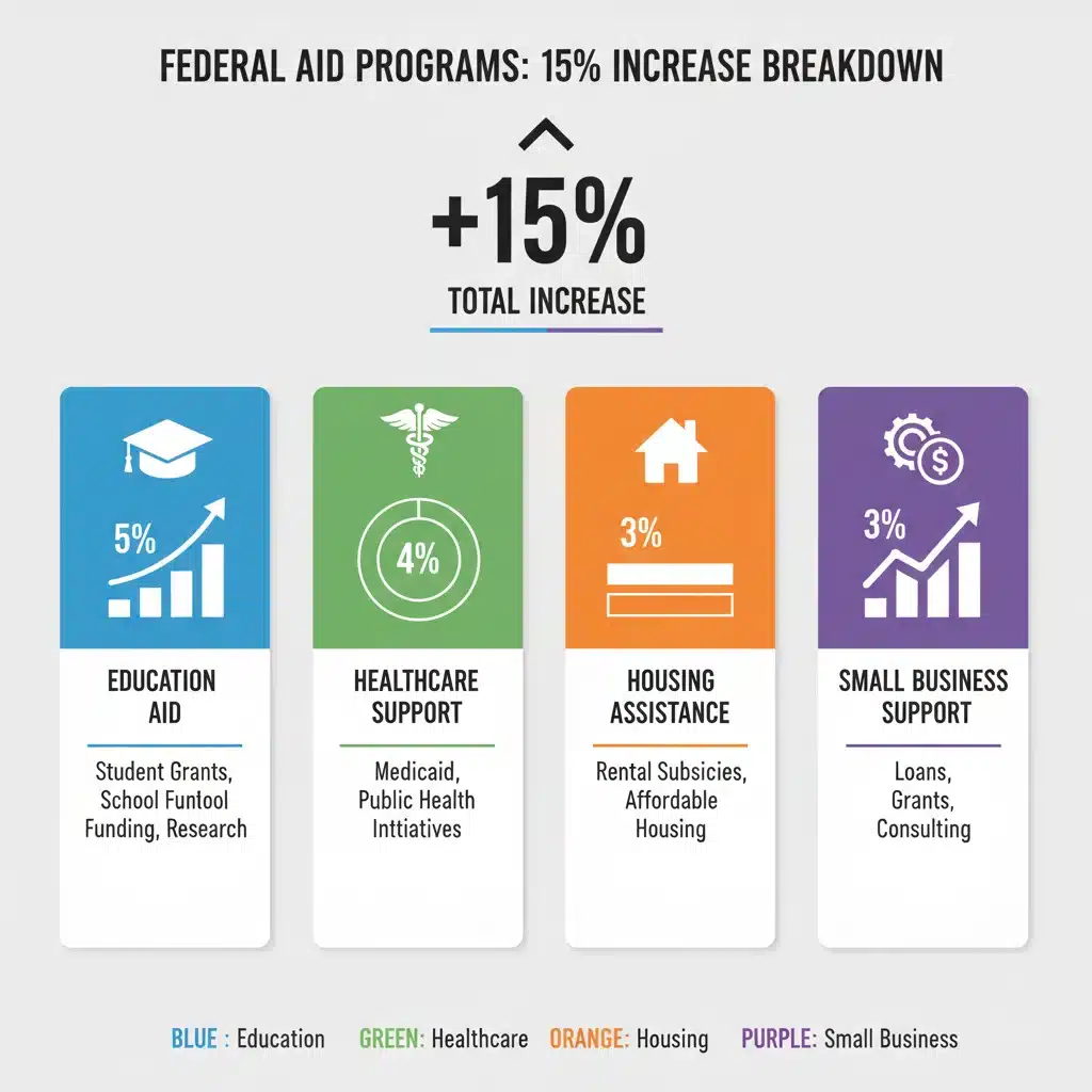 Infographic detailing the allocation of the 15% increase in federal aid programs across various sectors.