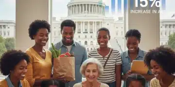 Illustration of diverse individuals receiving support from federal aid programs, with a 15% increase depicted.