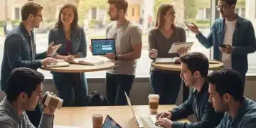 College students reviewing financial aid documents and laptops on a university campus.