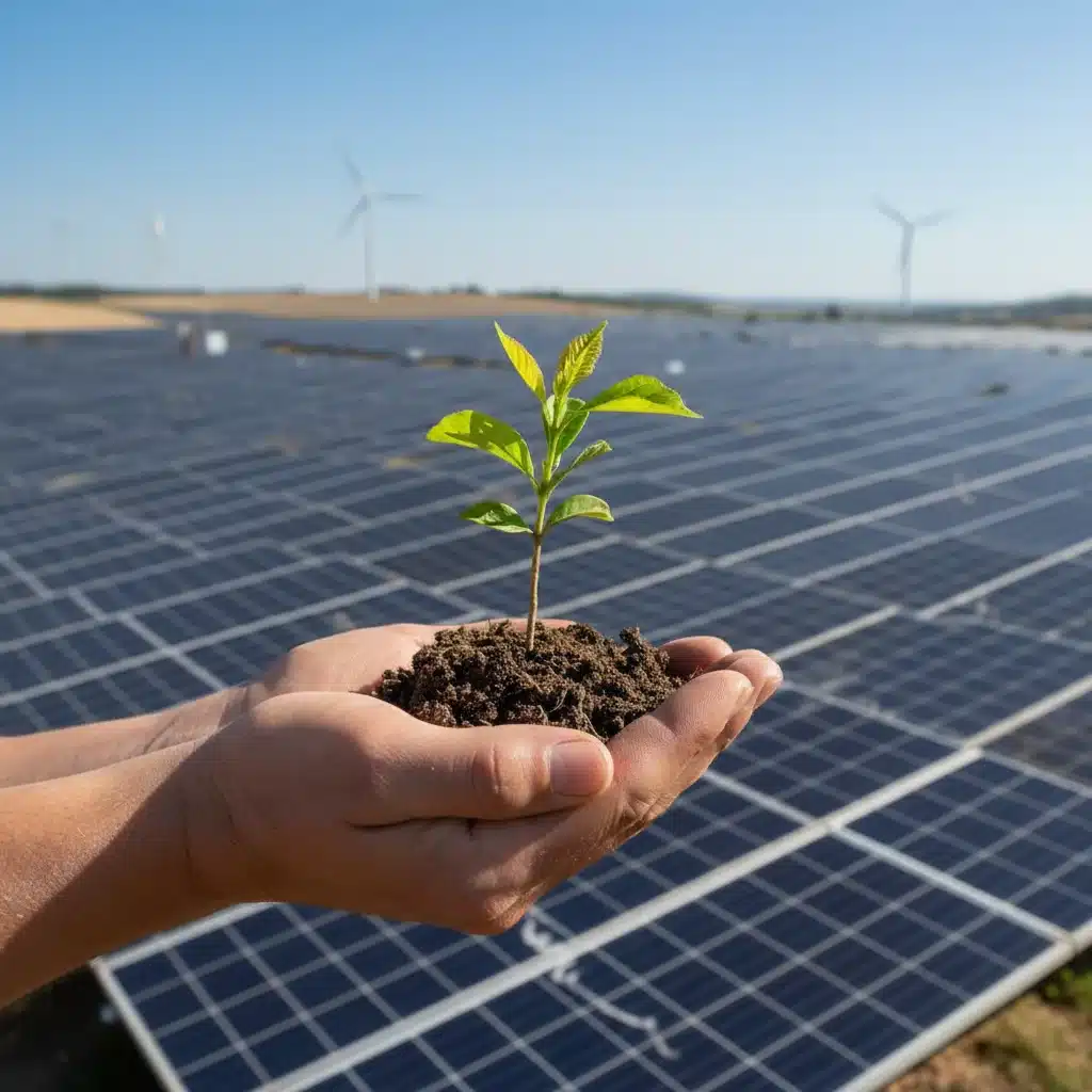 Hand holding sapling in front of solar farm, symbolizing green investment.