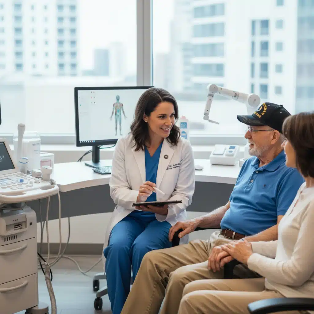 Healthcare professional discussing medical options with an elderly veteran