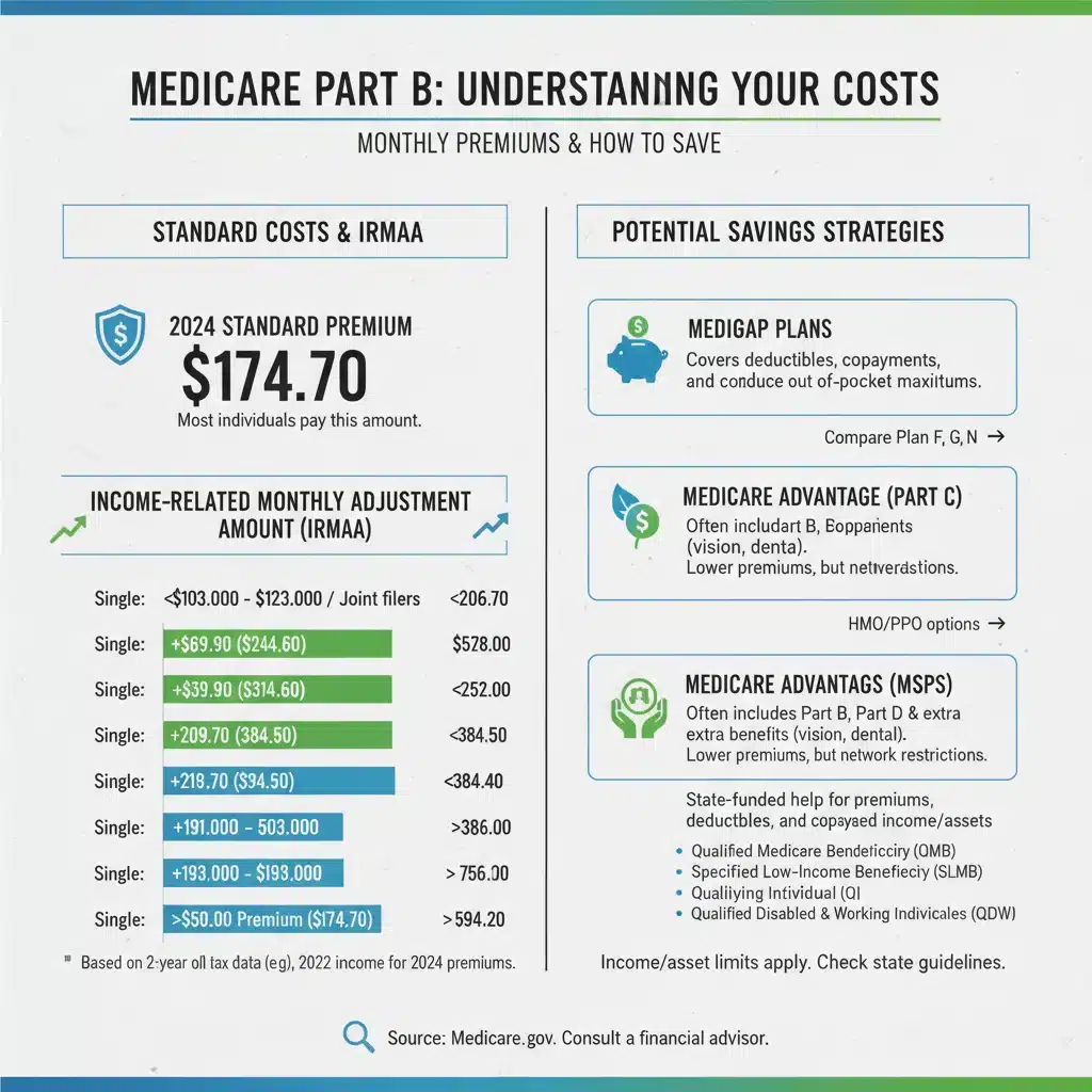 Infographic illustrating Medicare Part B cost breakdown and savings strategies