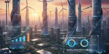 Futuristic cityscape powered by renewable energy, economic graphs, and policy shifts.