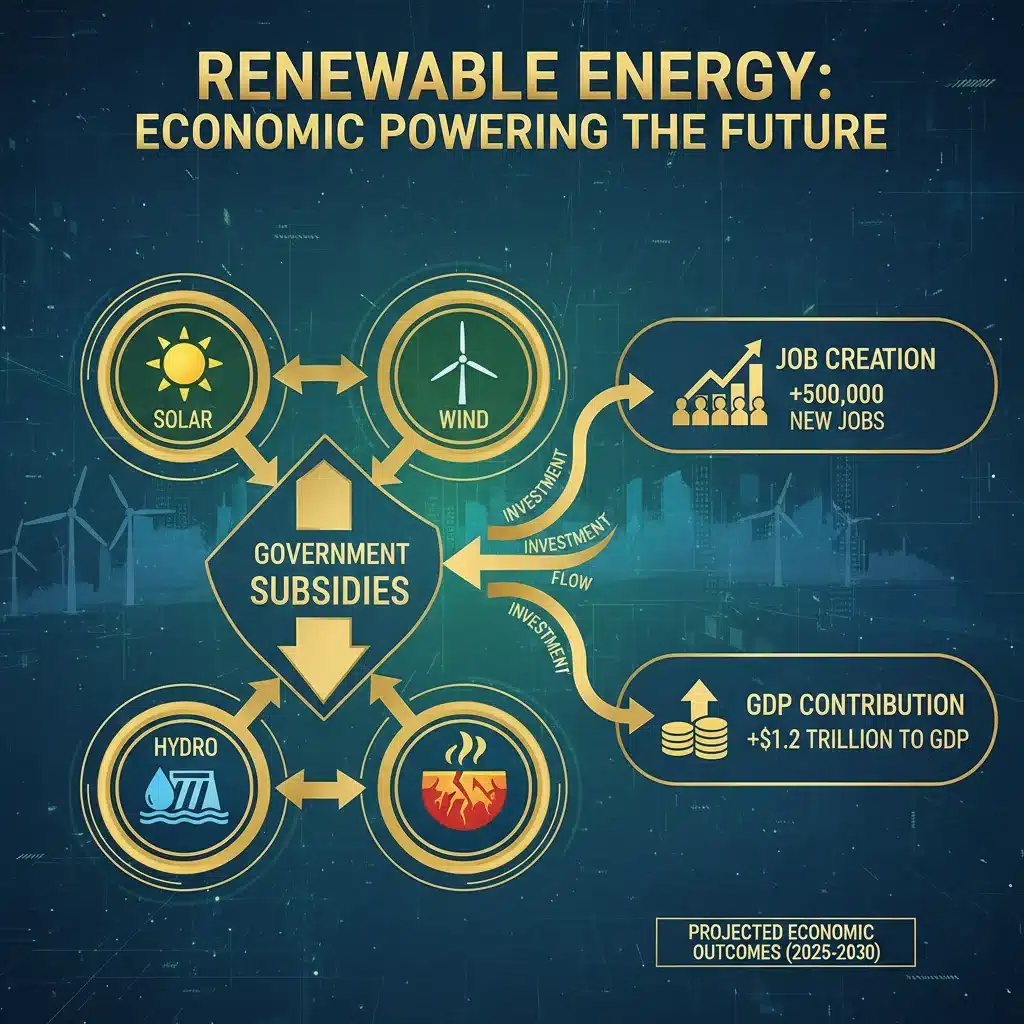 Infographic showing government renewable energy subsidies and economic outcomes.