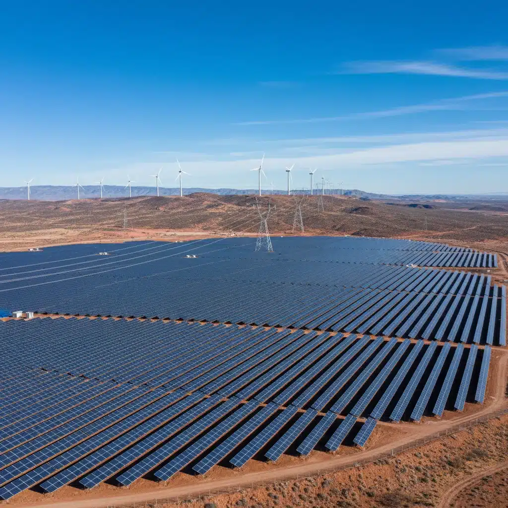 Aerial view of a large solar farm and wind turbines, representing renewable energy investments.