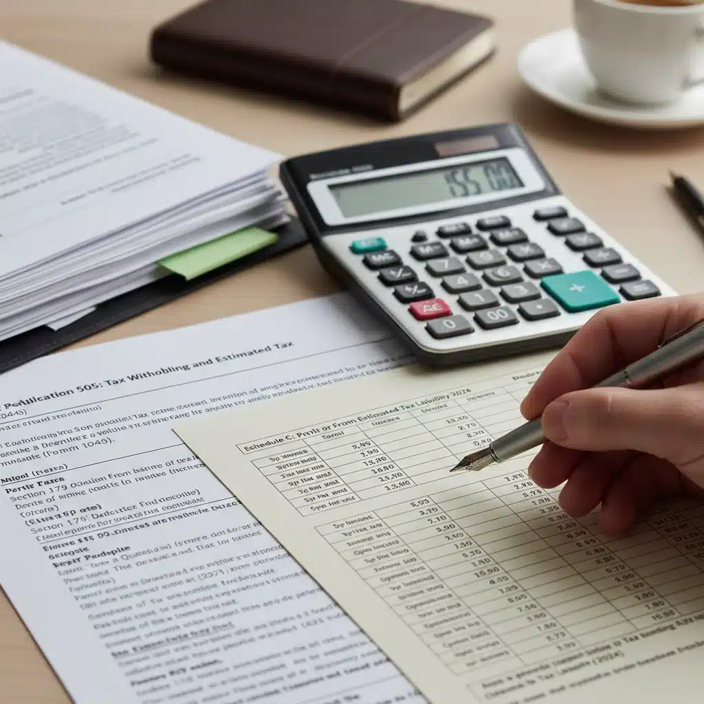 Calculator and financial documents for IRS Section 179 deduction calculations.