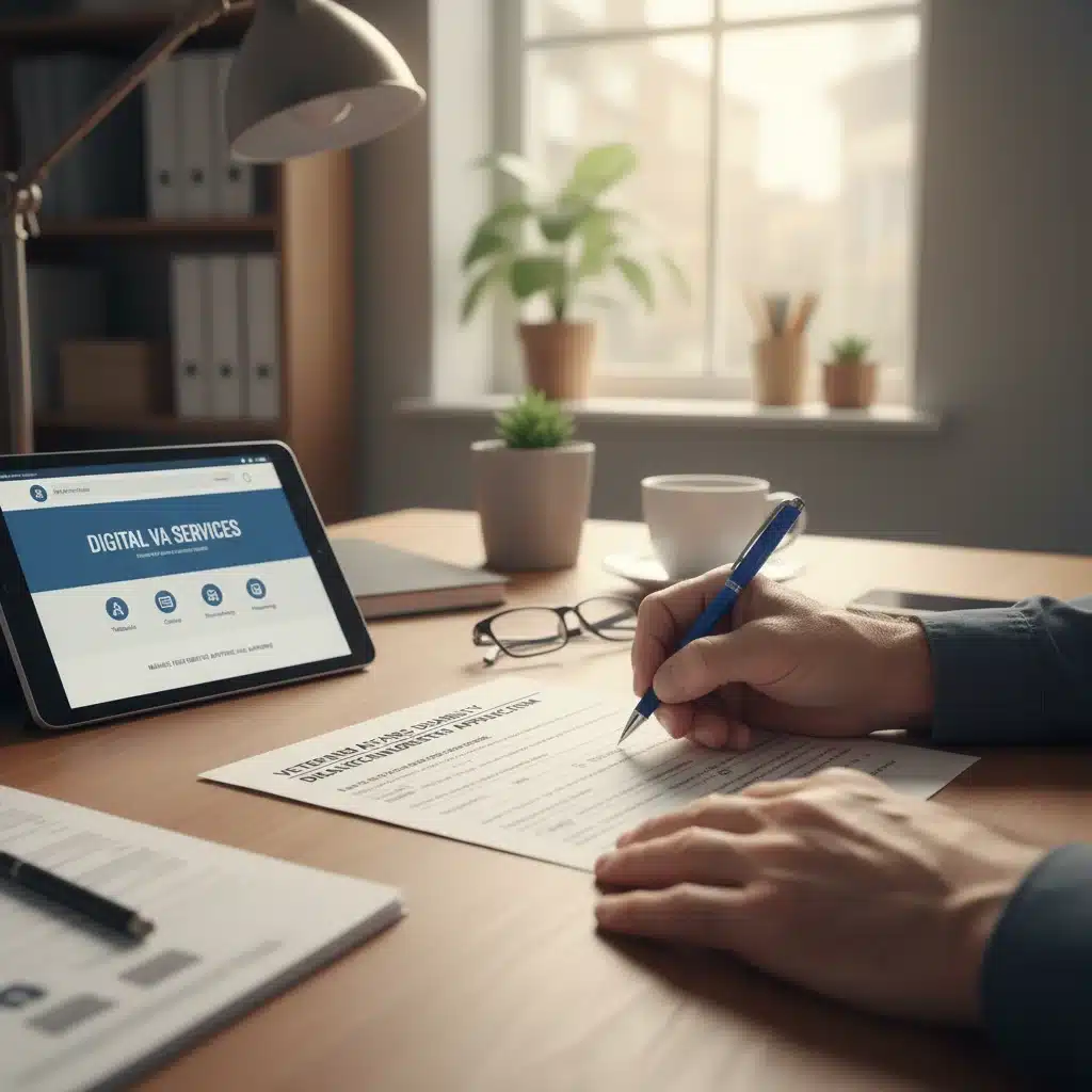 Veteran completing VA disability claim forms, utilizing digital tools