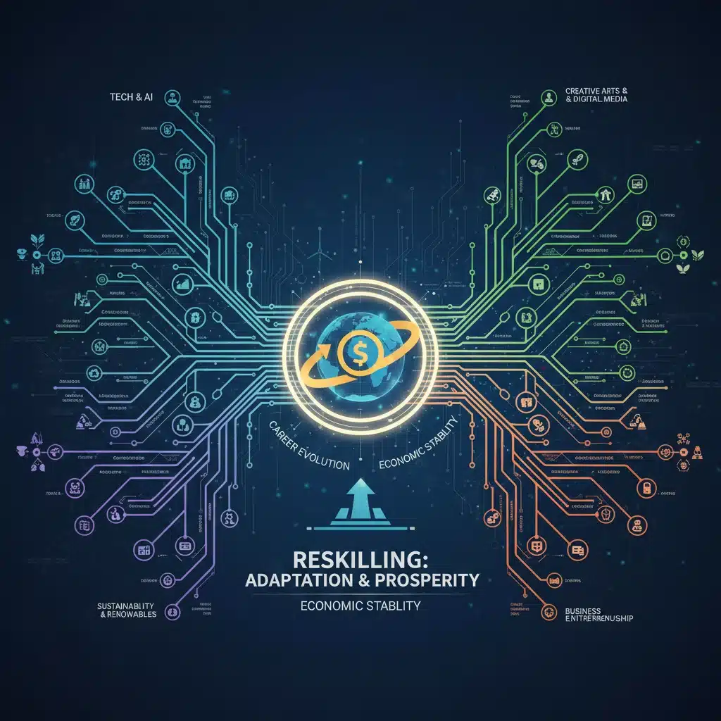 Infographic showing diverse career paths and skill development through reskilling.