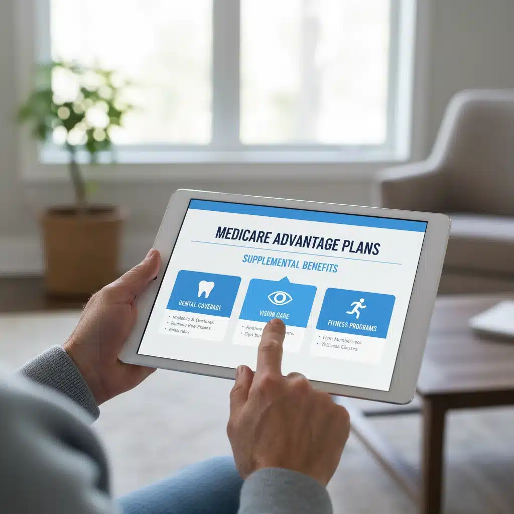 Reviewing digital Medicare Advantage supplemental benefits options on a tablet