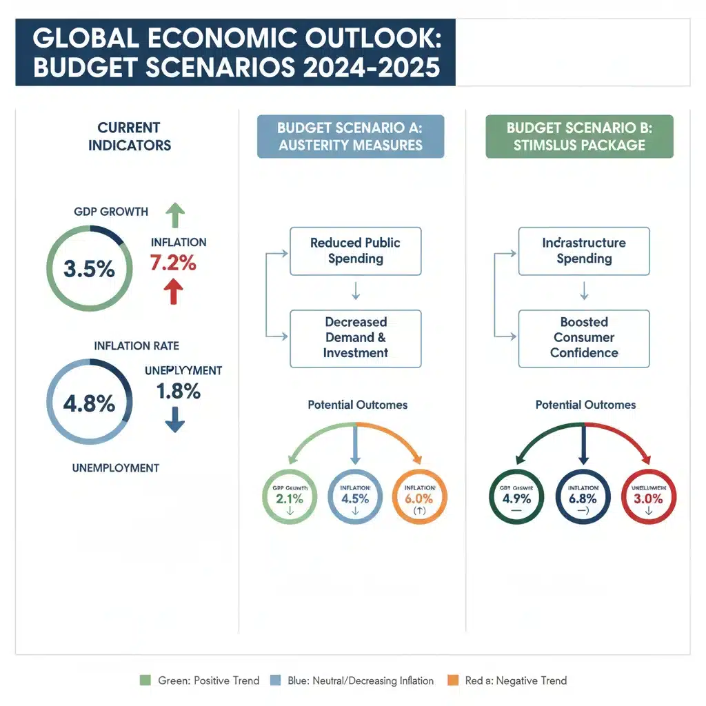 Infographic illustrating economic indicators and potential impacts of the 2027 federal budget on national growth.