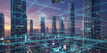 Futuristic cityscape with glowing data lines representing 5G national coverage and advanced connectivity.