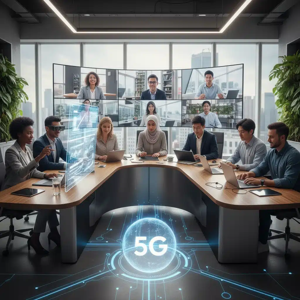 Professionals collaborating using 5G in a modern office, showing enhanced productivity and remote work.