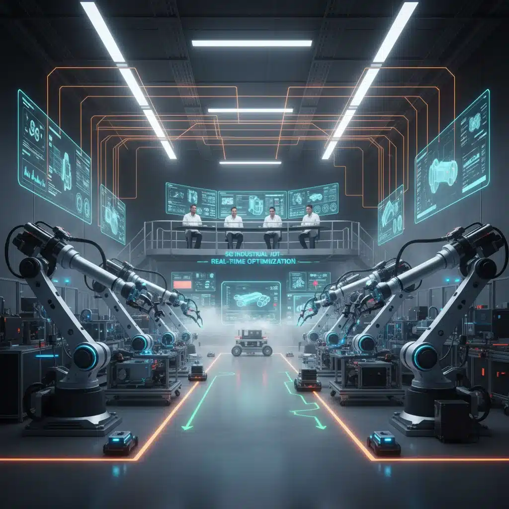 Robotic arms in a smart factory, demonstrating 5G-enabled industrial automation and IoT.