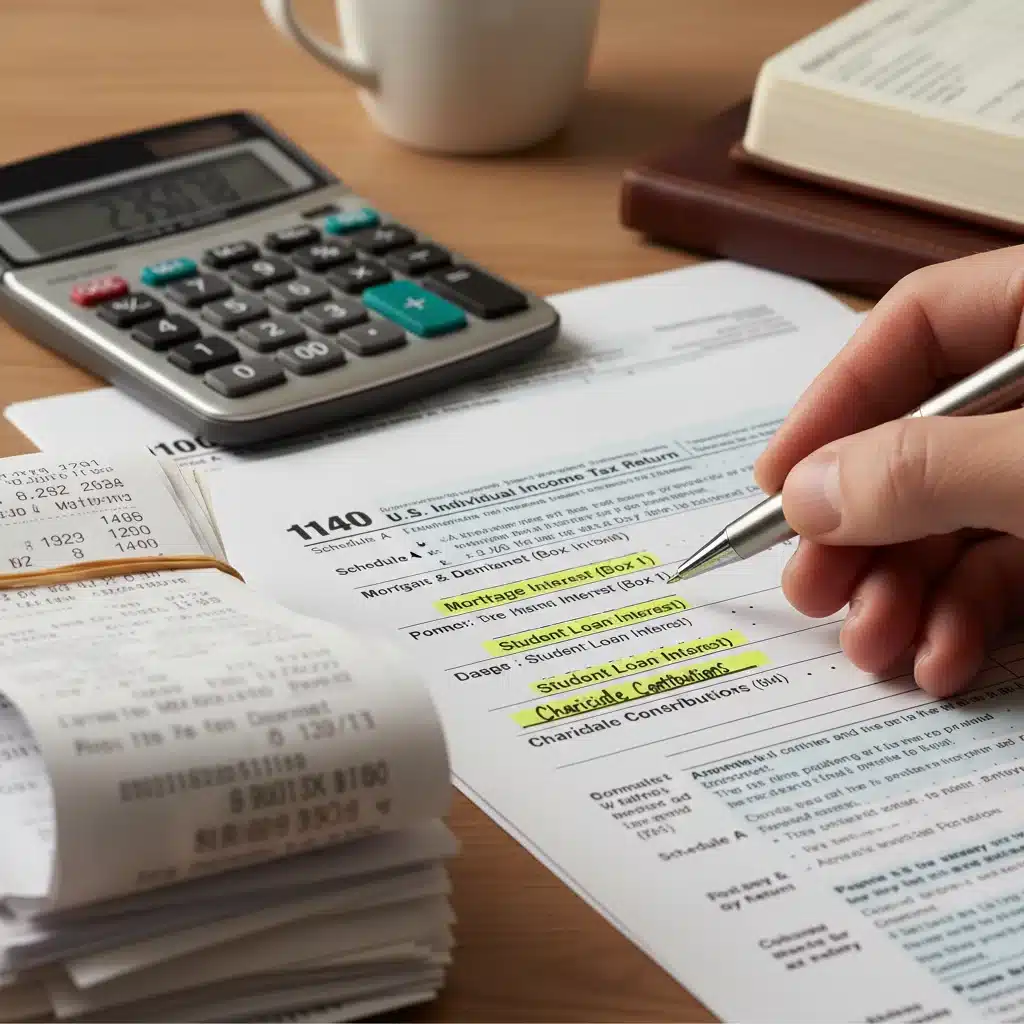 Detailed tax form with highlighted deductions and calculator