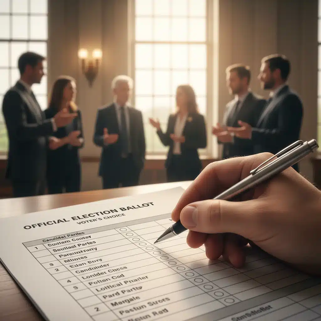 Symbolic image of a hand casting a vote on a legislative document, representing the critical budget decisions.